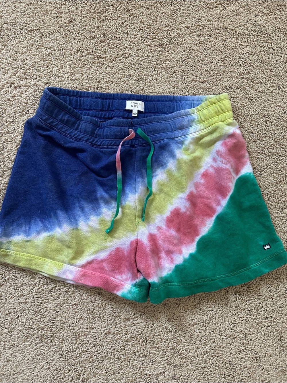 crown & ivy Tie-Dye Terry Athletic Shorts in Blue, Green, Pink, Yellow